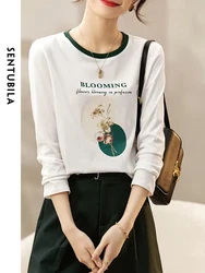 SENTUBILA Elegant Casual Summer Women's T-shirt 2024 Fashion Printing Floral T Shirt Round Neck Long Sleeve Ladies Tee Shirt