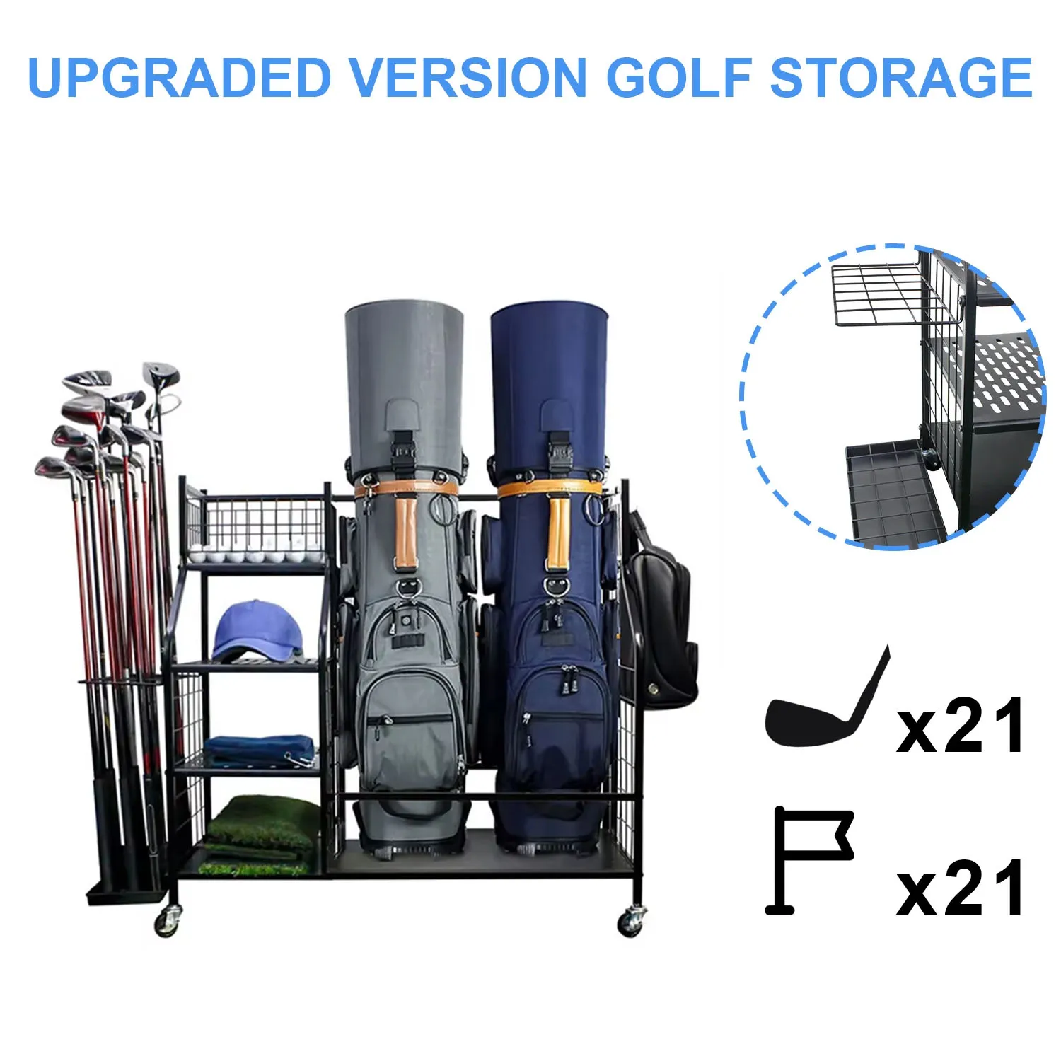 Golf Bag Storage Garage Organizer Rack Fit for 2 Sports Bag and Other Golf Accessories Golfing Equipment Stand Large Design