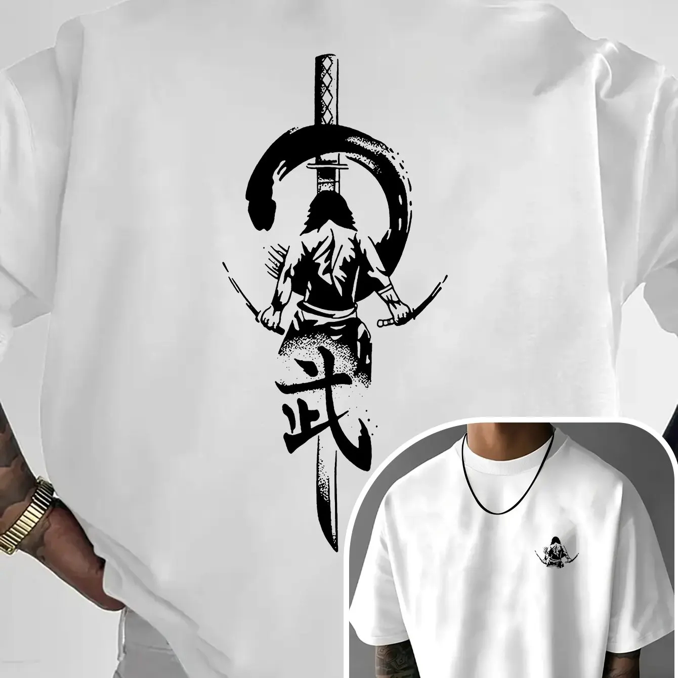 Bull King Selection Men Relaxed Fit Graphic T-Shirt - Samurai Dual Katanas Kanji Print Light Pink Breathable Summer Tee