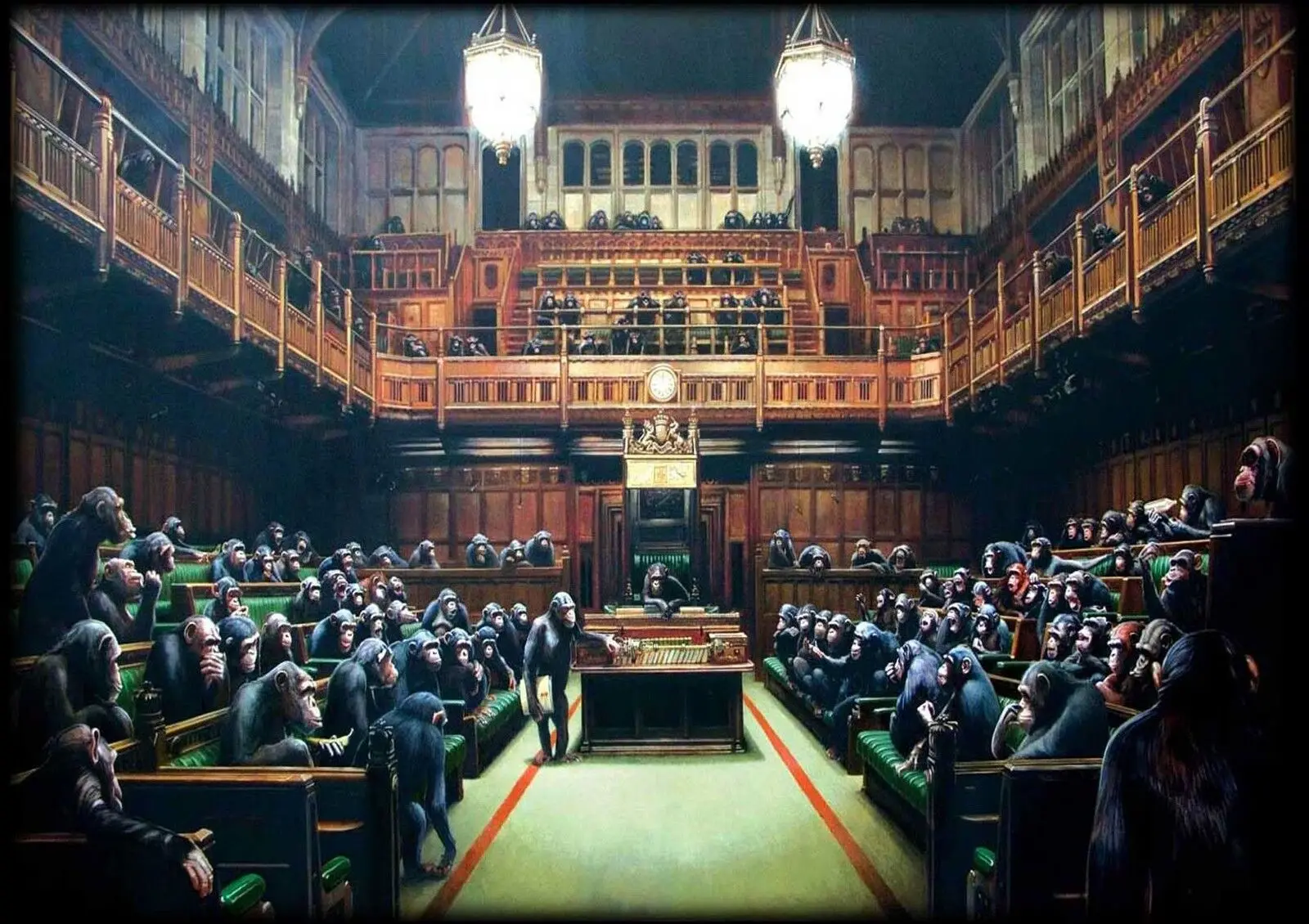 Banksy Street Artist Monkey's in Parliament, Print Art Canvas Poster, For Living Room Decor Home Wall Picture