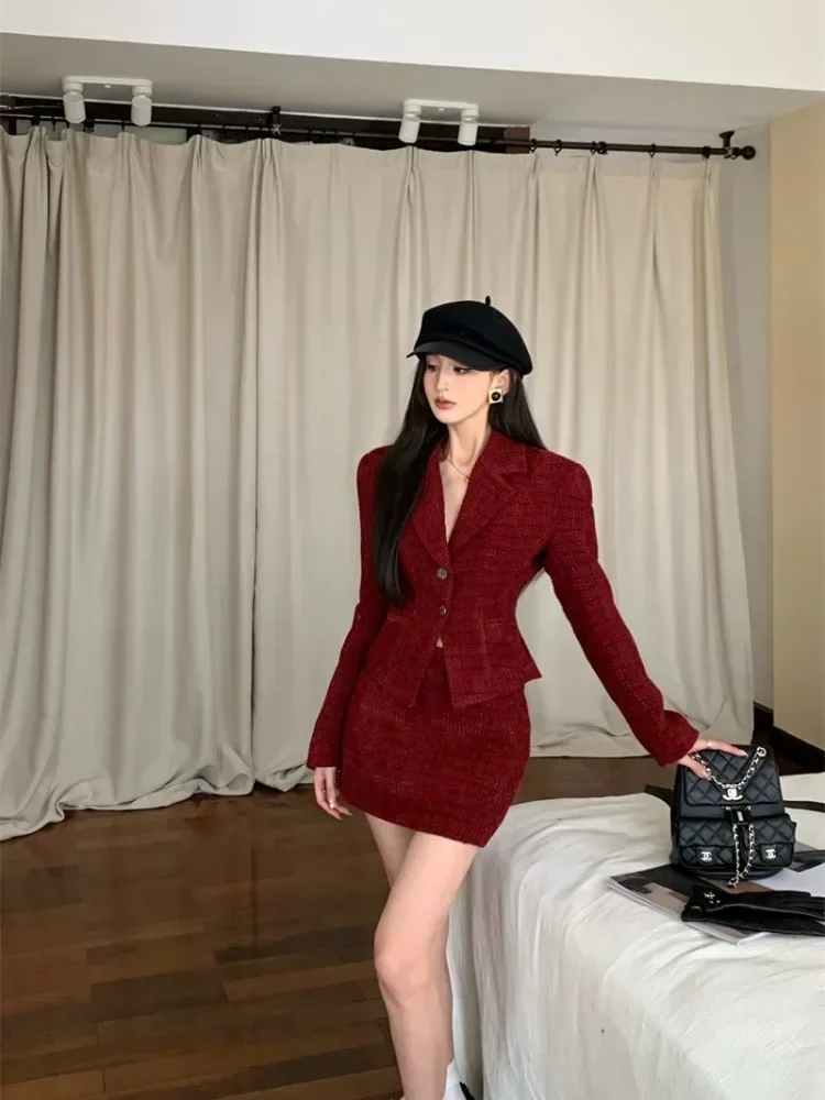 

Insozkdg Autumn Winter New Arrivals Women's Red Blazer Coat + Pleated Skirt Set Chic High-end Elegant Fashionable Two Piece Set