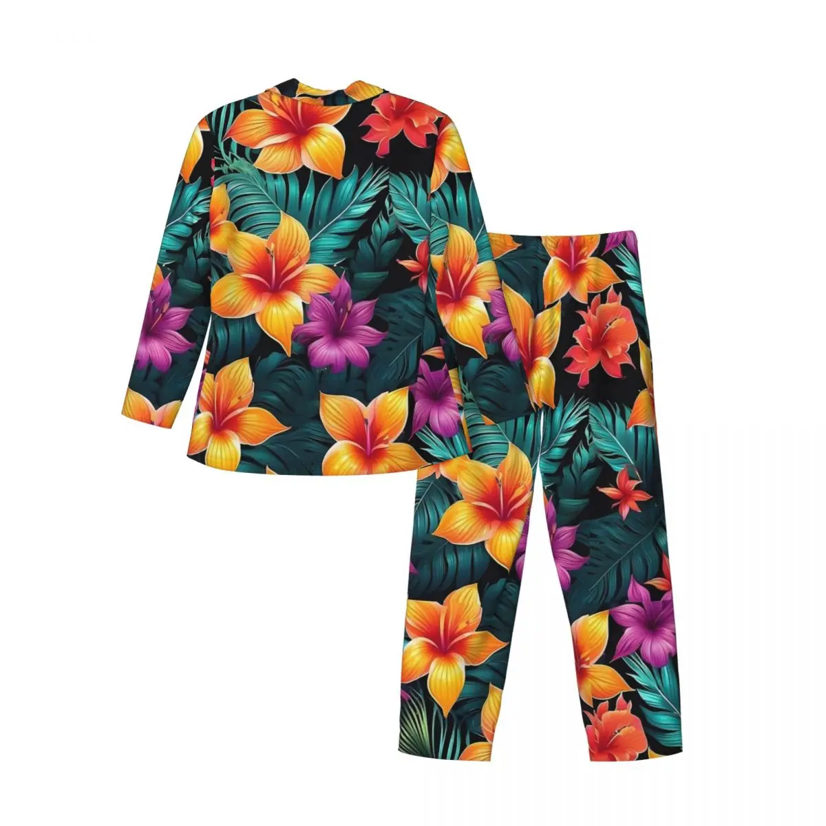 Flor tropical impressão pijamas outono casual solto pijamas de grandes dimensões conjunto masculino mangas compridas romântico casa personalizado pijamas