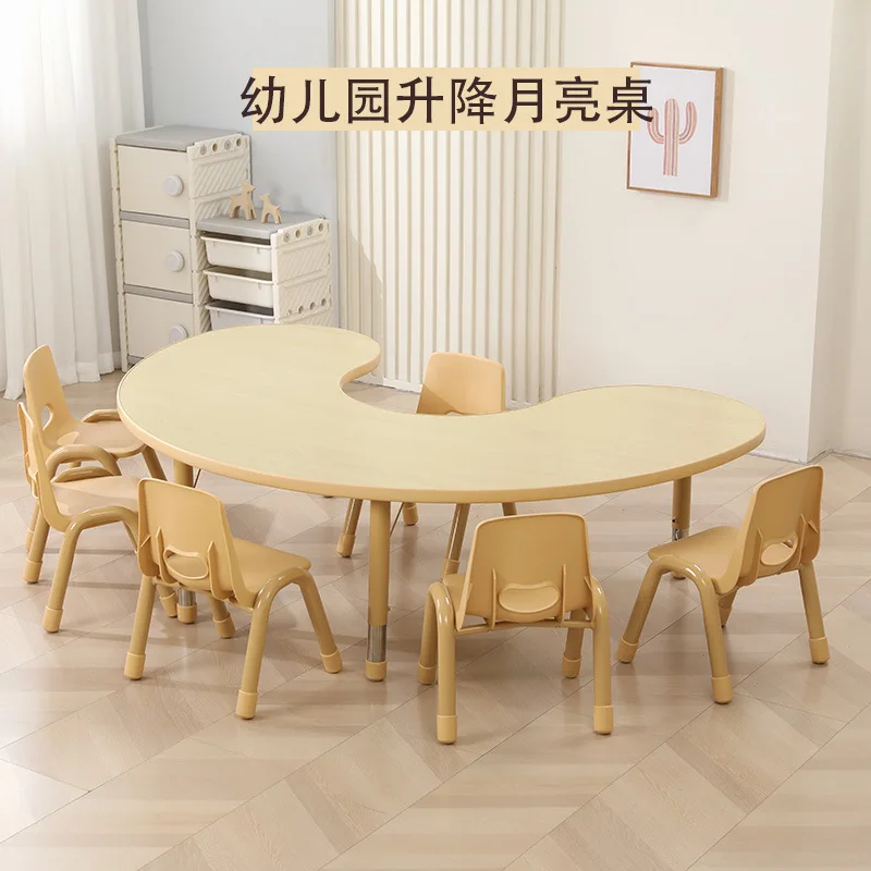 

Children's table and chair set Solid wood lifting baby learning curved table Semicircular table
