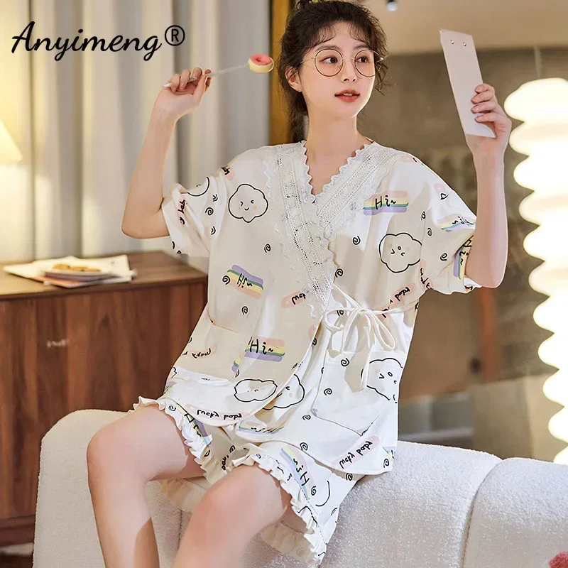 Nueva moda de verano, pijamas de algodón suave para mujer, ropa de dormir con estampado de animales Kawaii, pantalones cortos, Kimono, ropa de