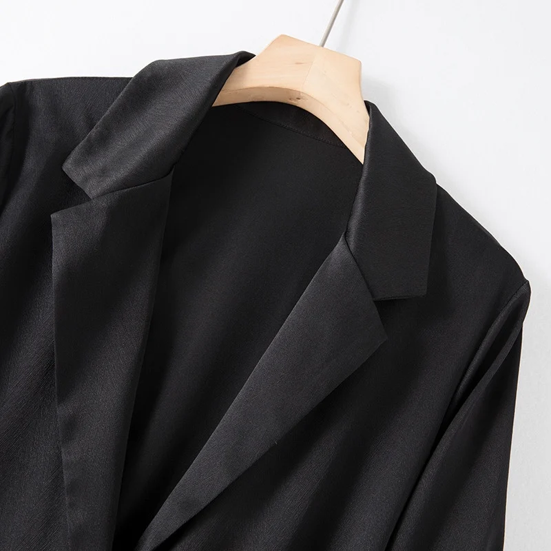 Spring and Autumn 93%Natural Mulberry Silk Elastic Herringbone Blazer Women's Black Three Quarter Sleeve Formal Dress