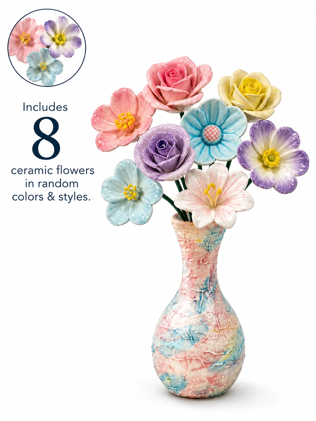 

INS Style 8PCS Ceramic Flowers with Vase Candy Color Handmade Everlasting Porcelain Rose Desktop Ornament Nordic Home Room Decor