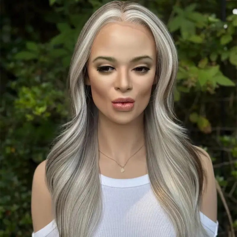 

High Density Icy Blonde with Ash Brown Wig 13x4 Synthetic HD Lace Frontal Wigs Party Drag Queen Lady Wigs Long Natural Wave Wig