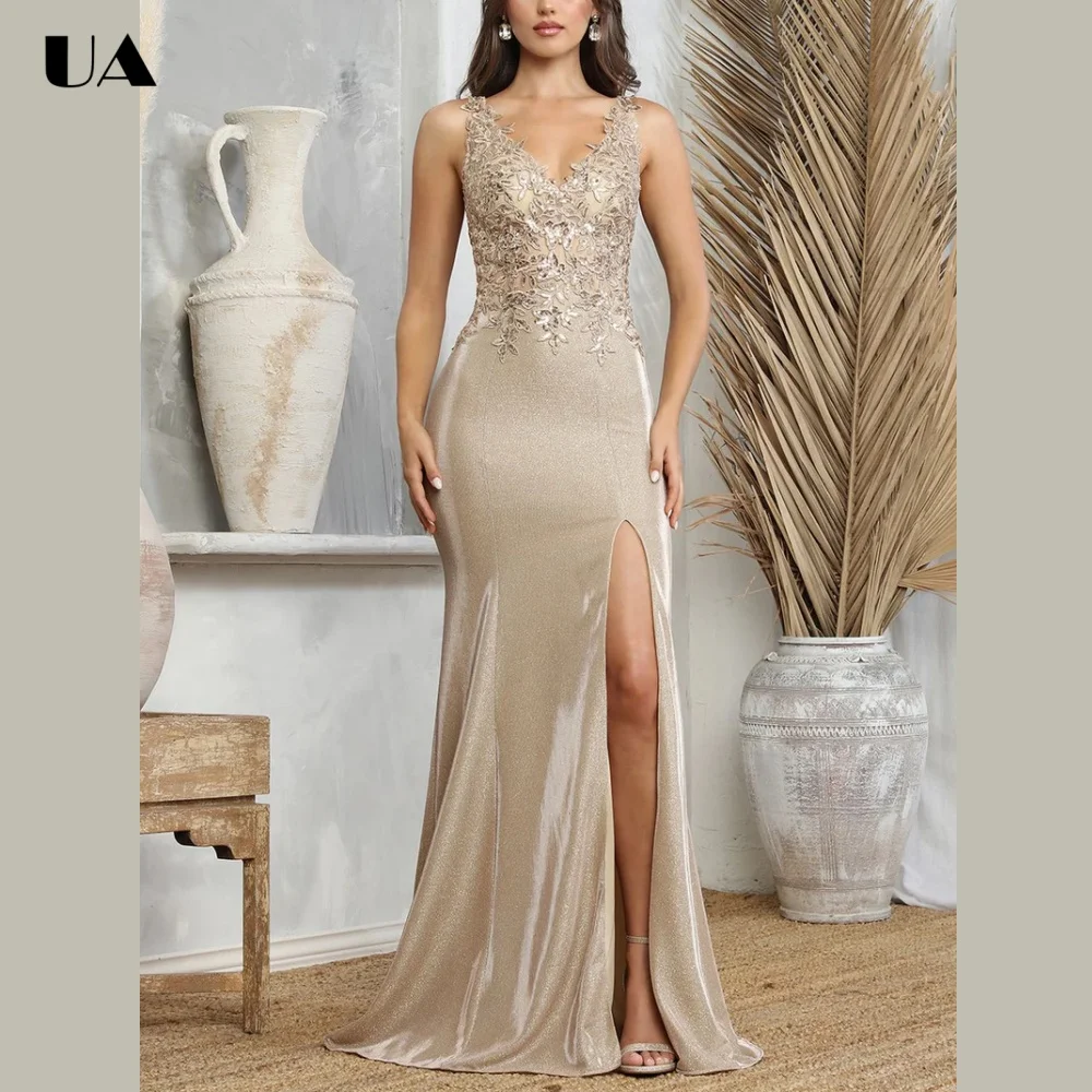 

Customized Mermaid V-neck Evening Dress for Women Luxury Satin Glitter Applique Prom Dress Sexy Sleeveless High-slit Party Dress