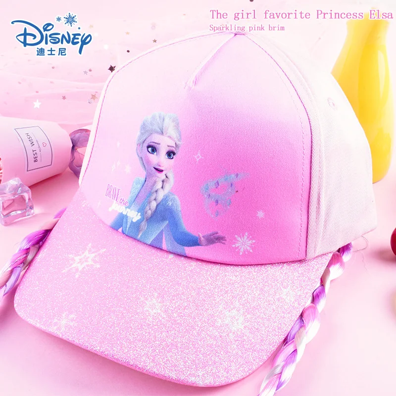 Disney Frozen Children Baseball Cap Girl Pink Elsa Princess Duck Tongue Hat Thin Shade And Sun Protection With Braid Hair