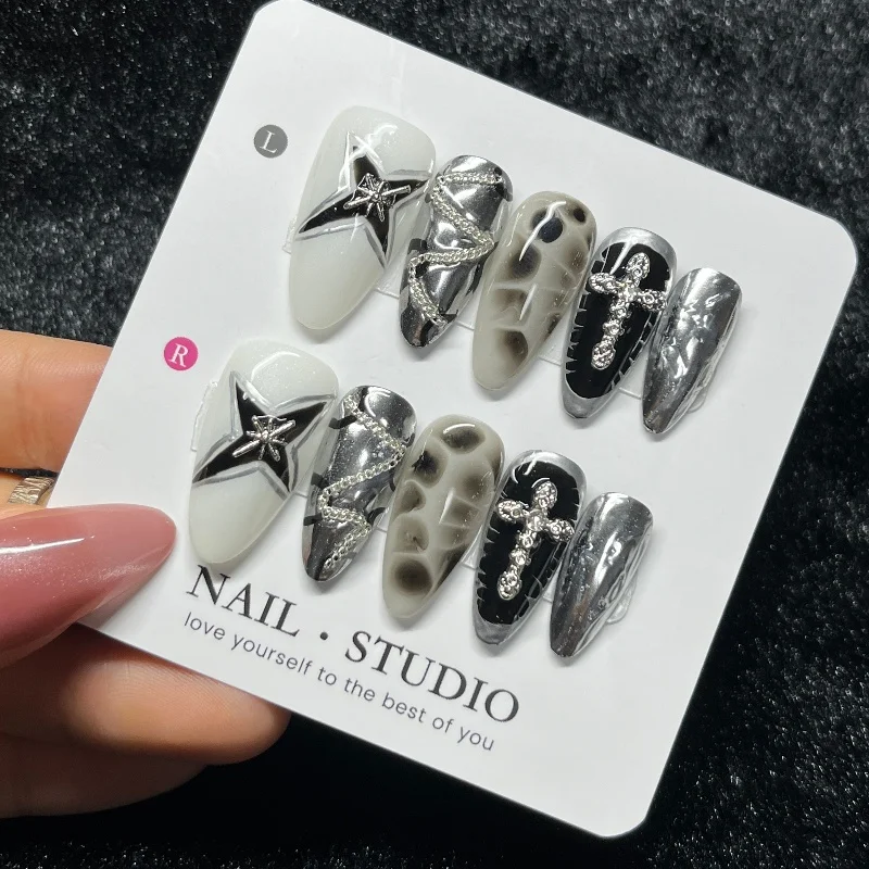 

10PCS Sweet Cool Almond Handmade Press on Nails Black Star Metallic Silver Cross Decor False Nails for Spice Girls Wearable Nail