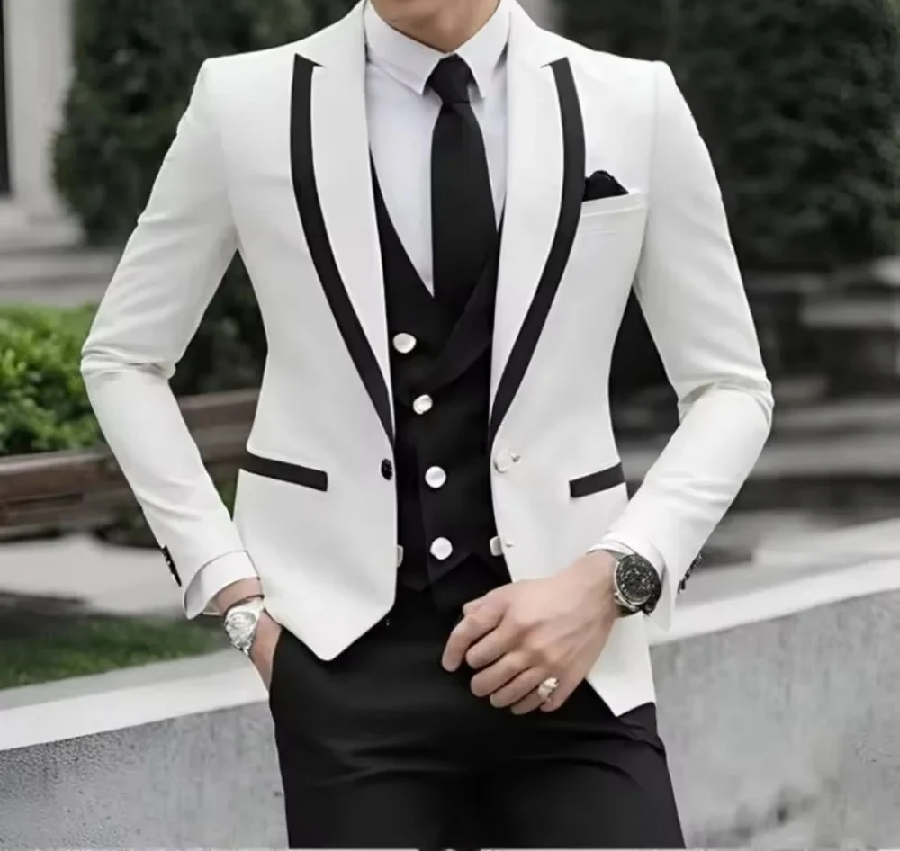 Stylish Color Matching Business Stylish Double-breasted Suit 3 Pieces Jacket Vest Pants Wedding Suit for Men Office Work Party