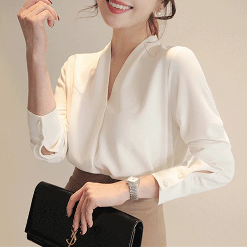 2023 Korean Style Deep V-neck OL Loose Women Tops Summer Long Sleeve White Shirt Office Lady Solid Chiffon Blouse Female 9382 50