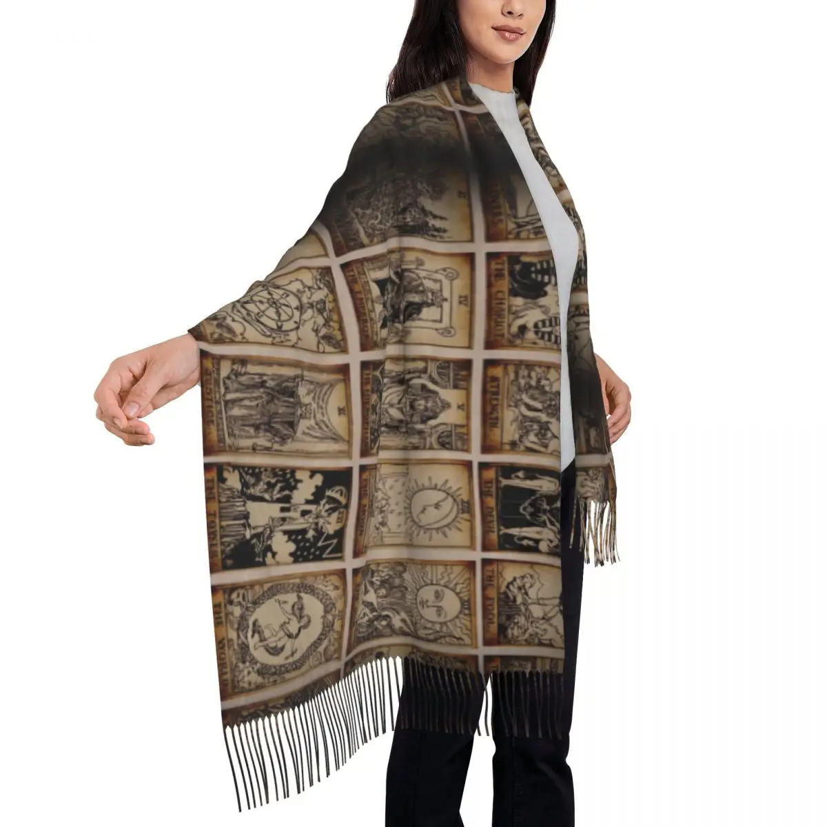 Witch Tarot Tassel Scarf Women Soft Halloween Occult Curiology Shawl Wrap Lady Winter Scarves