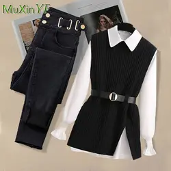 2025 Primavera Nuovo Coreano Elegante in Set di Corrispondenza Moda Donna Maglia + Camicia + Jeans Tre Pezzi Femminile Chic Denim Pantaloni Vestito