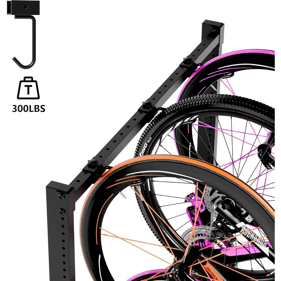 رف دراجة قائم بذاته لتخزين المرآب بسعة 300 رطل، منظم فولاذي عمودي للدراجة مع خطافات متكاملة وحامل خوذة #5