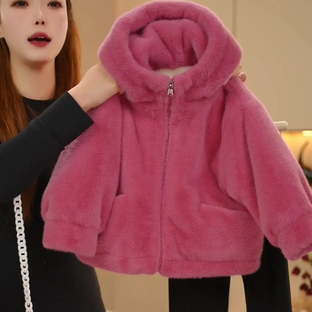 

Girls' Winter Plush Jacket 2026 Winter Fashion Children's Thick Cotton Jacket Hooded Warm Coat Outerwear