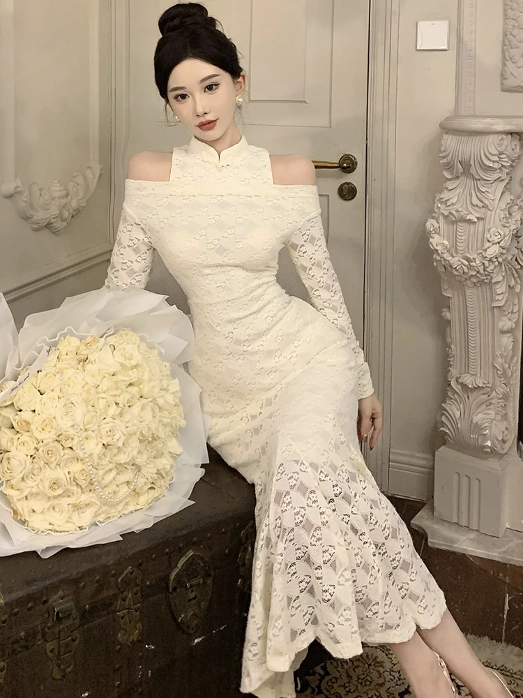 Herfst Winter Wit Kant Jacquard Chic Off Schouder Sexy Jurk Vrouwen Elegante Bodycon Luxe Jurk 2025, Koreaanse Vintage Prom Dress