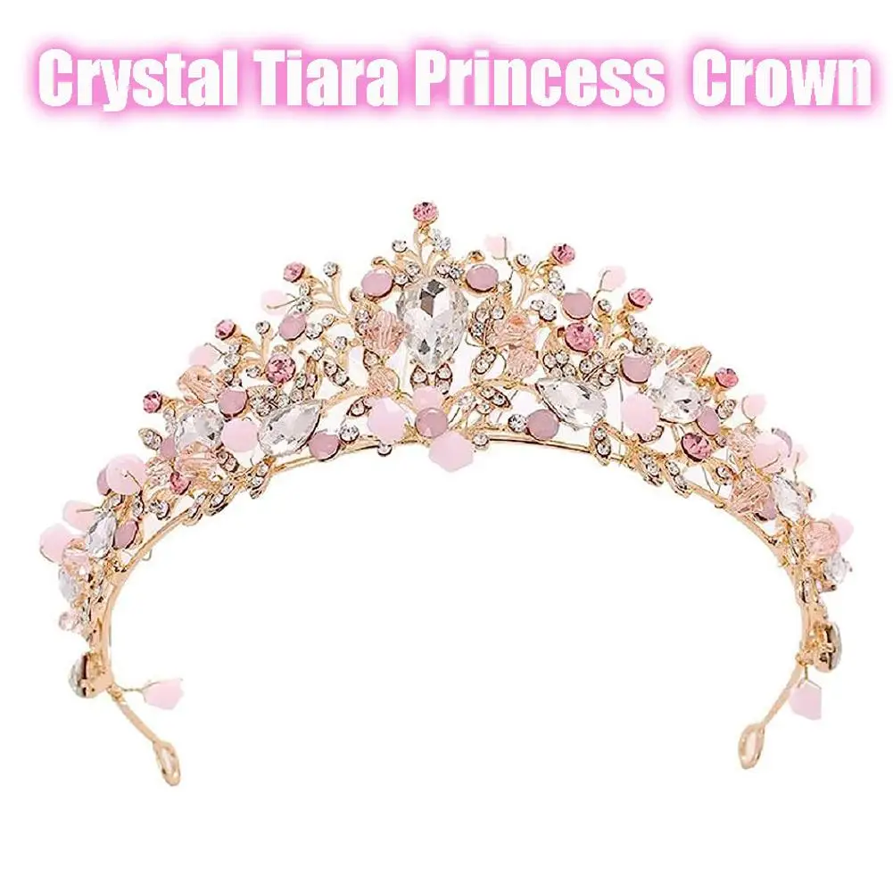 Pink Crystal Tiara Princess Costume Crown for Kids Flower Tiara Headband Queen Crown with Diamond Crystal for Birthday Wedding