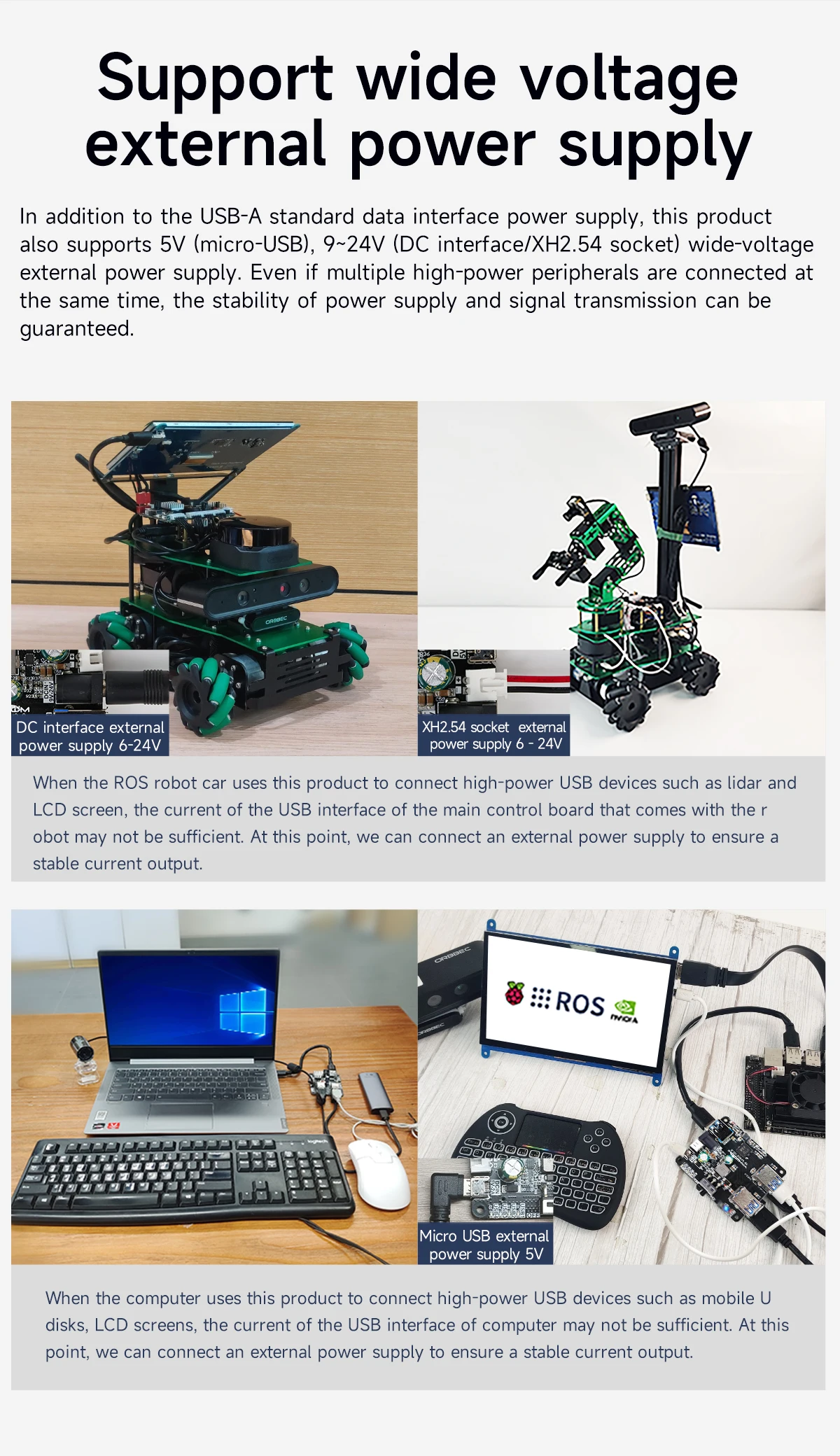 USB-Hub 3.0 Multi-USB-Splitter, 4 USB-Anschlüsse mit Micro-Ladeleistung, 9–24 V Stromversorgung für Raspberry Pi 5/4B Jetson Ros Roboterausrüstung – Detail 6