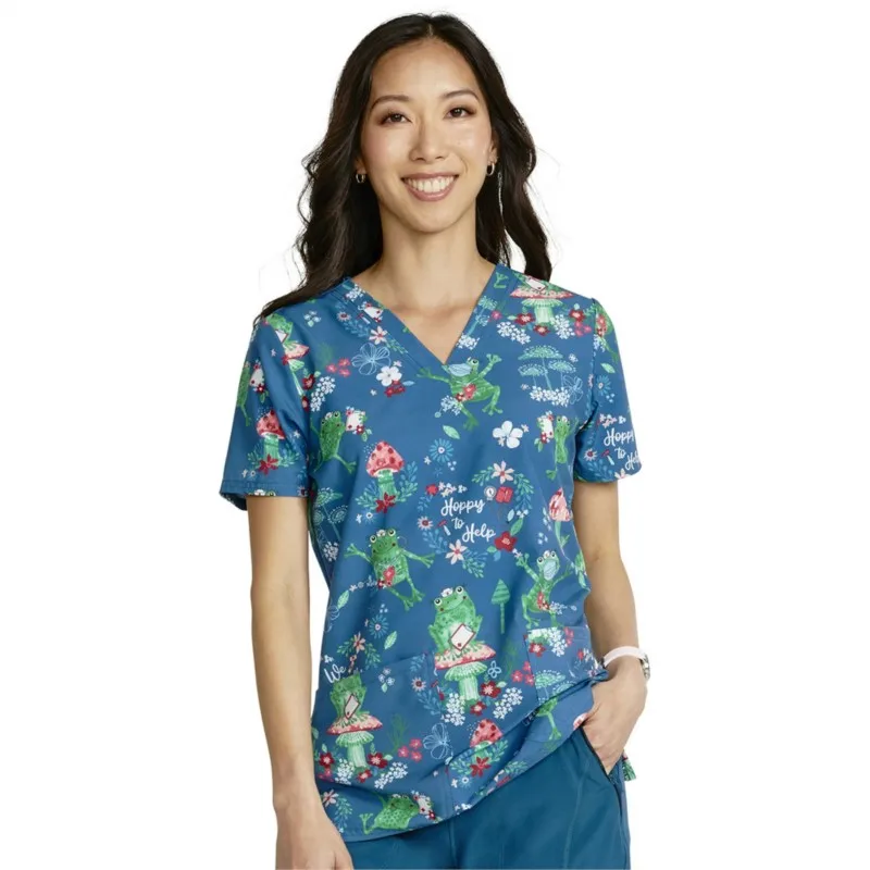 

Women Scrub Top Flower Print Nurse Uniforms V-Neck Short Sleeve Hospital Workwear Ladies Medical Clinic Nursing Blouse Shirts