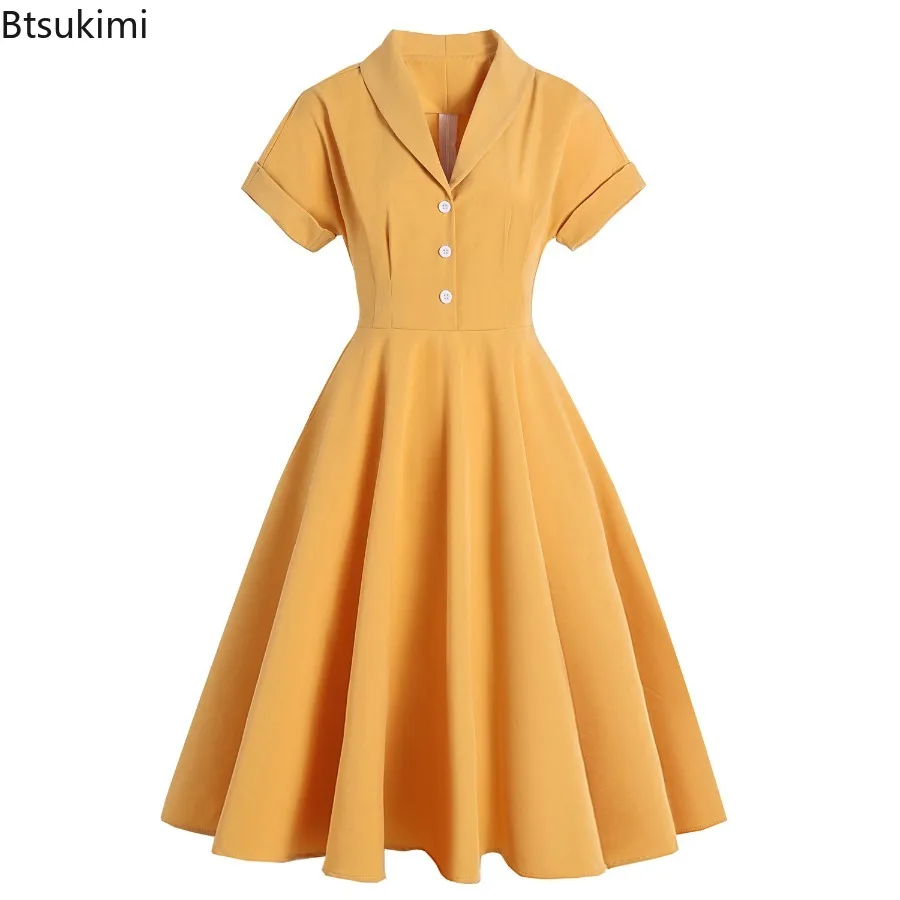 

New Women's Vintage Solid Color Dress Retro Rockabilly V-Neck Cocktail Party Swing Dress Summer Short Sleeves Casual Retro Dress