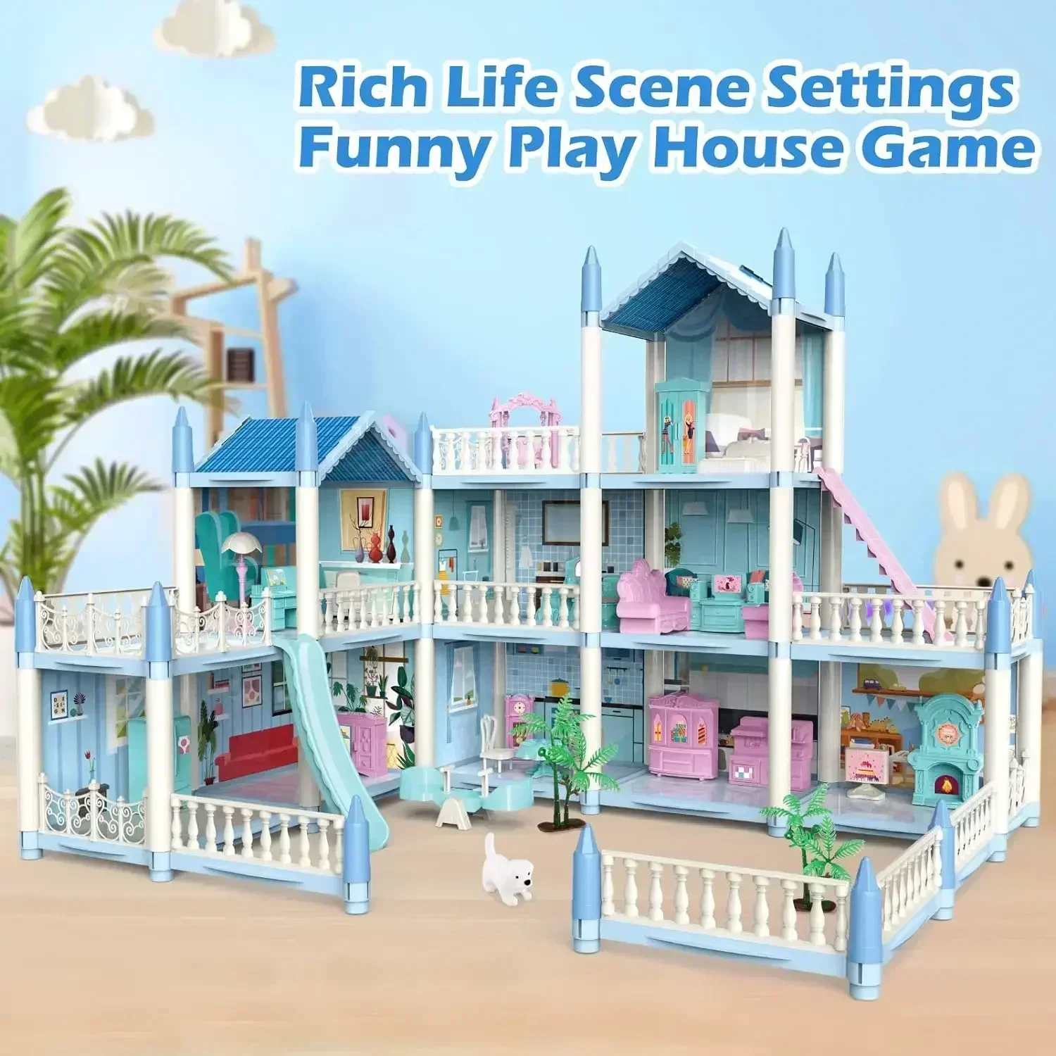Doll House for Girls with Lights Floors Rooms Doll House Playset Sets of Furniture Accessories Toddler Toy House Princess Gift