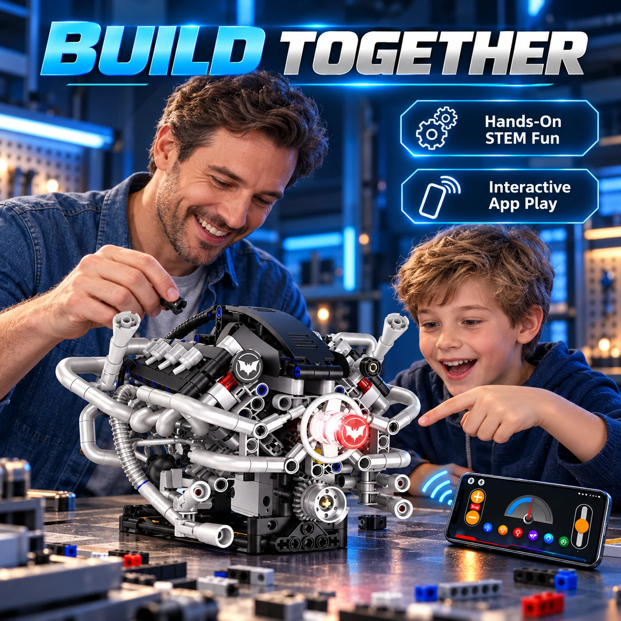 V8 Engine Motorized Building Blocks Kit APP Control RGB Light Technical Bricks 770 Pieces STEM Toy