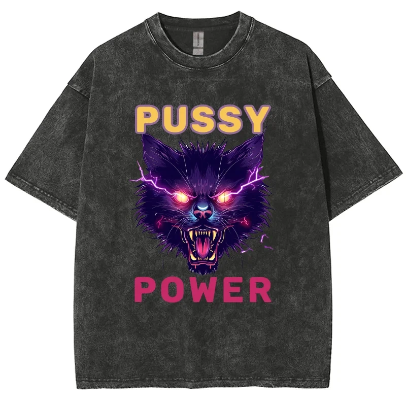 New Pussy Anime Power Cat T Shirt Men Women Y2K Cotton Tshirt Unisex Streetwear T-shirt Clothing Top Tee