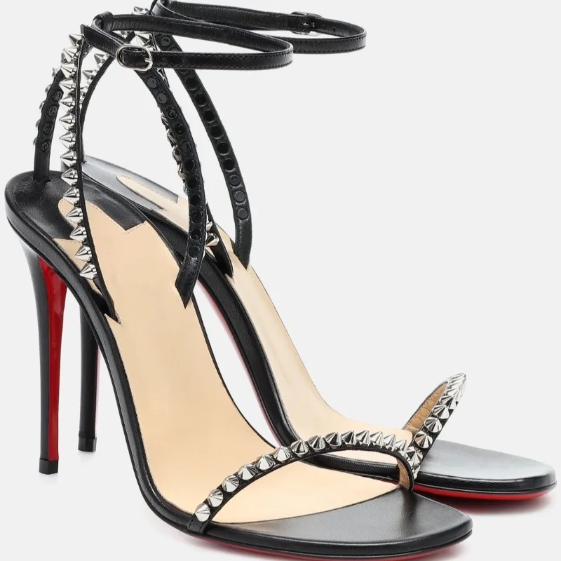 

European and American Black Studded French Buckle Sandals with Socialite Temperament and Sexy High-heeled Fashion Runway Shoes