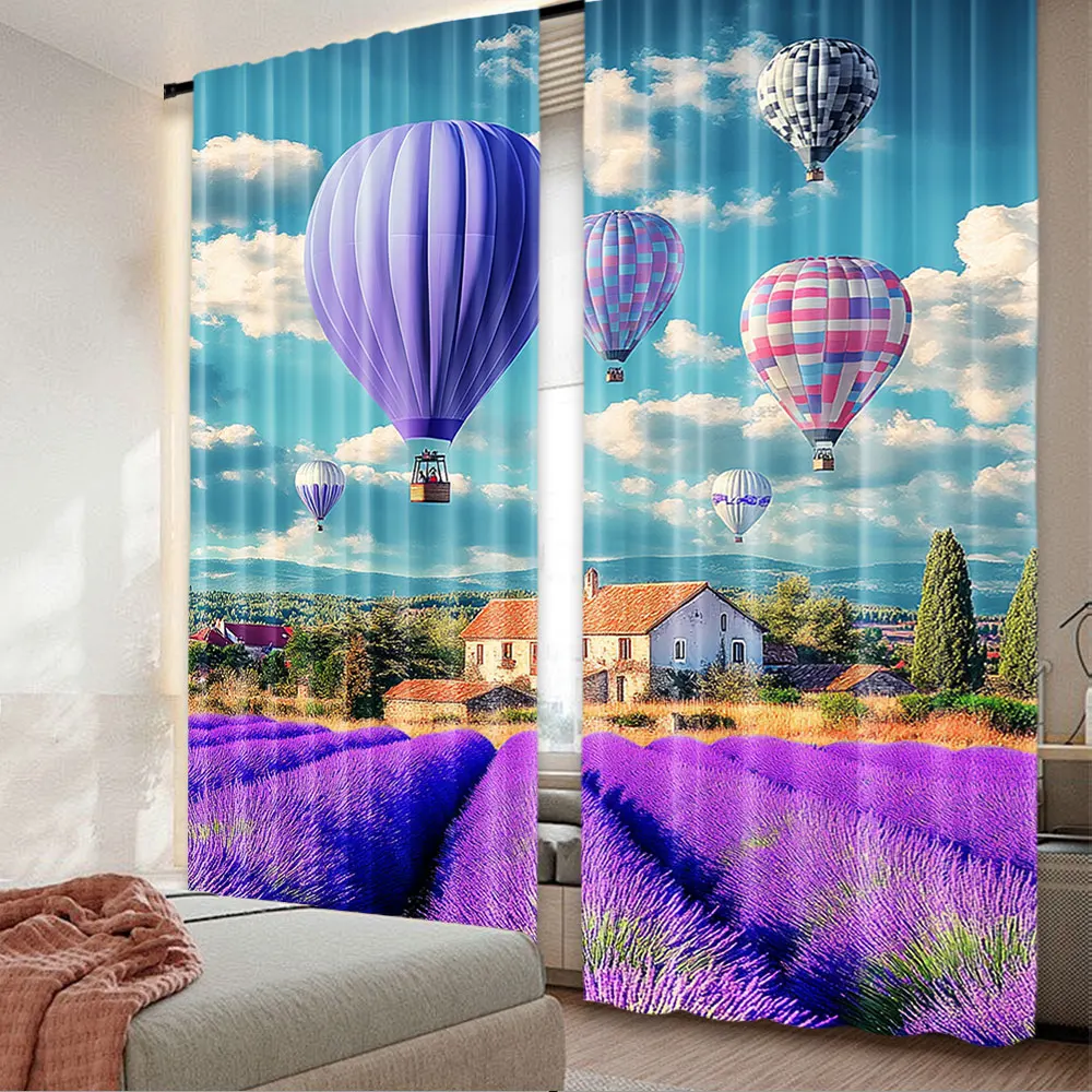 2Pcs Europe Scenic Curtain Colorful Hot Air Balloons Over Purple Lavender Fields Curtain Modern Abstract Curtains