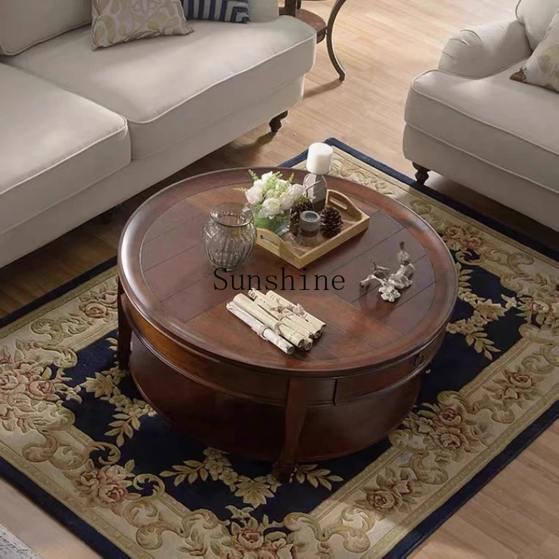 

American solid wood retro round coffee table old simple European small apartment living room home tea table