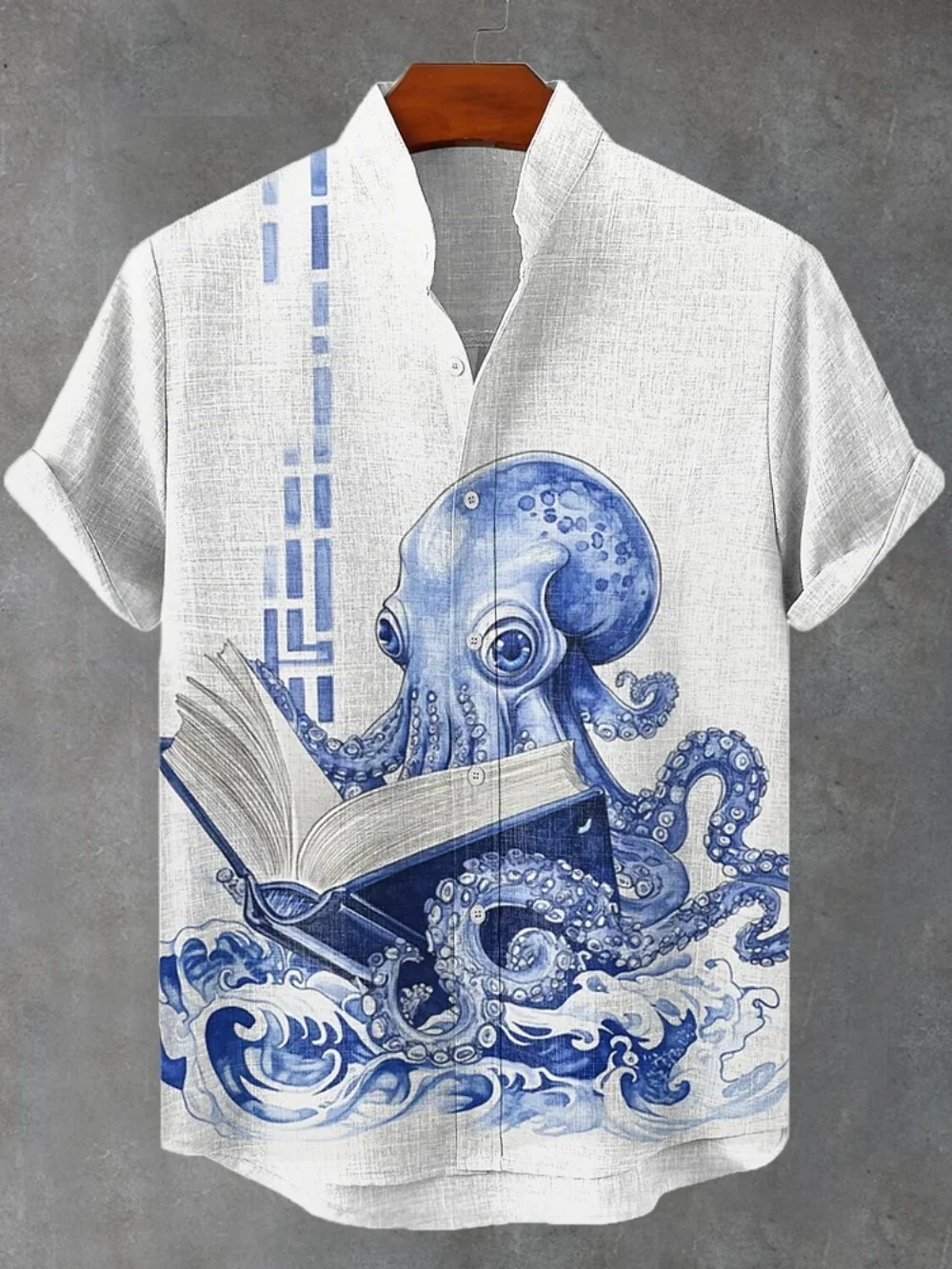 

Men's Summer Short Sleeve Printed Shirt Stand up Collar Retro Linen Cardigan plus Size Fashionable Streetwear Fast Shipping