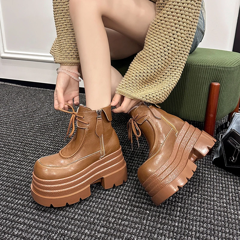 

10CM Women's Leather Chunky Heels Ankle Boots New 2025 Winter Velvet High Platform Combat Non-Slip Punk Style Motorcycle Shoes