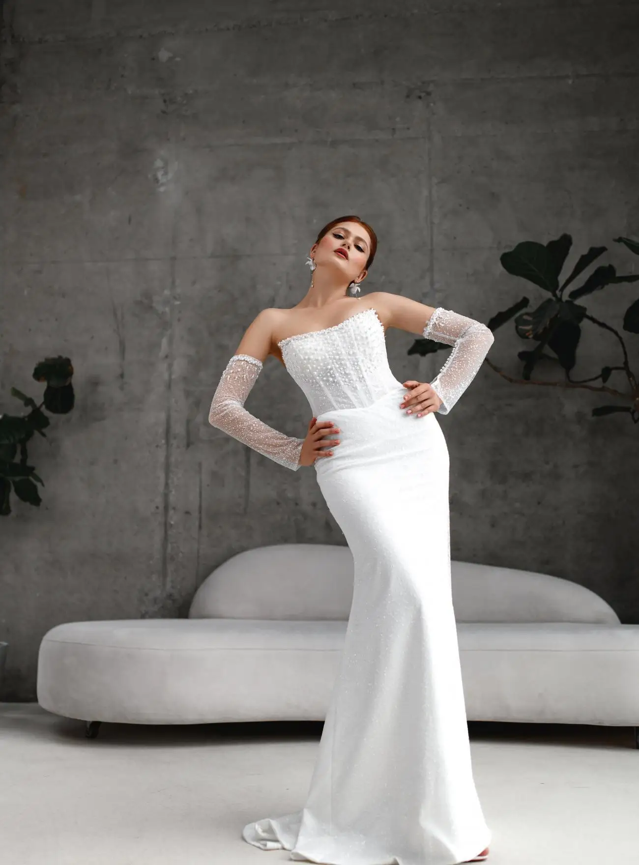 فستان زفاف أنيق مخصص بدون أكتاف مع دانتيل لؤلؤي مزين بحورية البحر الشفافة فستان زفاف صورة ظلية للاحتفالات الرسمية #3