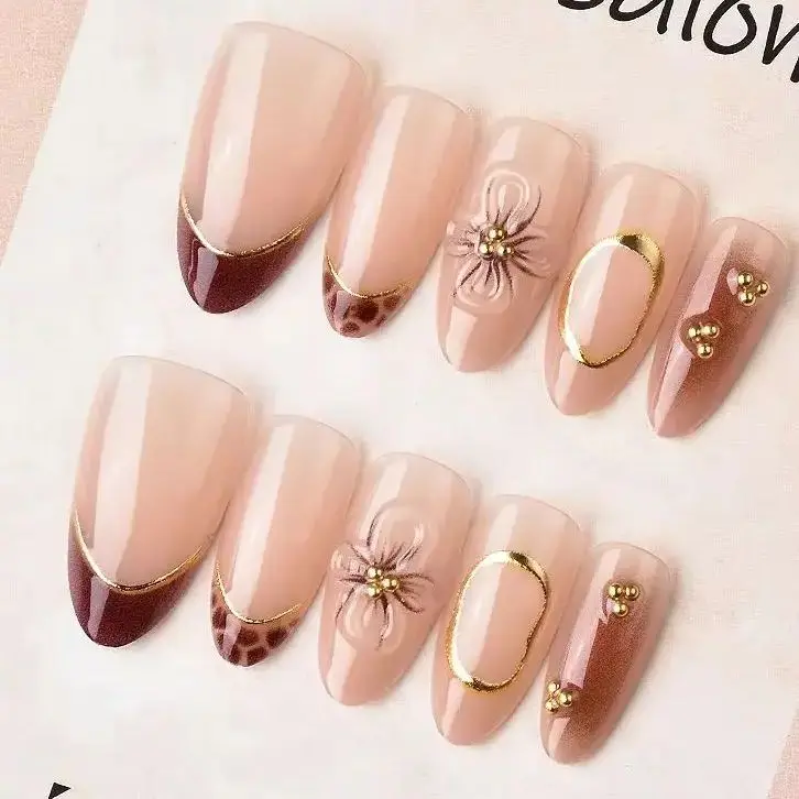 

24PCS 3D Floral Press on Nails Almond with Leopard Print French Tip Design Fake Nails Elegant Luxury Daily Wearable False Nails