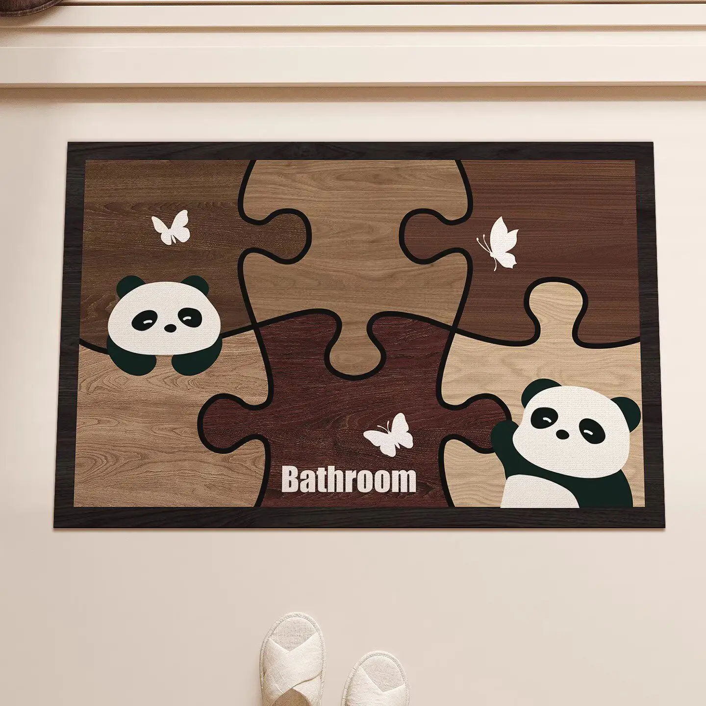 VWooden Puzzle Black Cat Bath Mat Non Slip Washable Absorbent Floor Rug Retro Cartoon Animal Bathroom Entryway Home Decor Mat