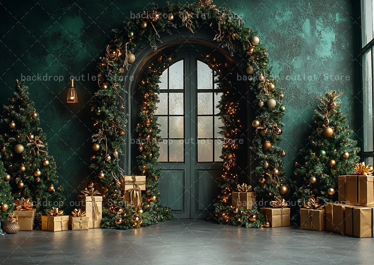 Mehofond عيد الميلاد التصوير خلفية خمر نافذة الباب الأخضر شجرة عيد الميلاد الاطفال الأسرة صورة خلفية ديكور #4