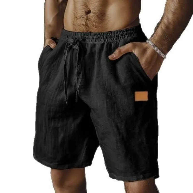 Linen Shorts Drawstring Elastic Waist Straight Legs Solid Color Breathable Daily Beach Five-point Casual Pants