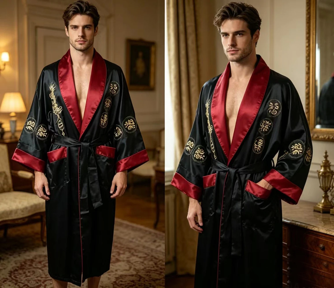 Reversible ChineseStyle Robe Men\'s Satin Robe Gown Tradition Embroider Dragon Sleepwear Kimono Bathrobe