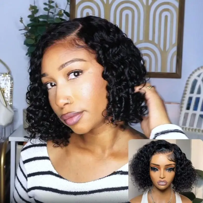 KLAIYI 7x5 Lace Closure Curly Bob Wig Human Hair Bye Bye Knots Glueless Wig Pre Cut Lace Beginner Friendly