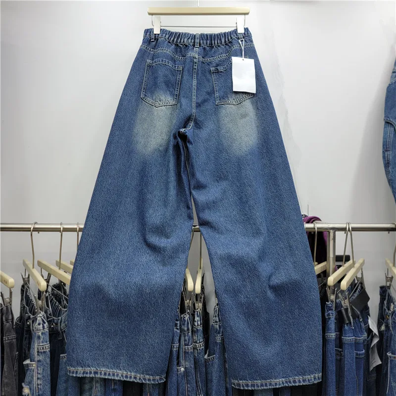 American Vintage Washed Double-breasted Women Straight Jeans All-match Spring Autumn High Waist Casual Wide Leg Denim Pants