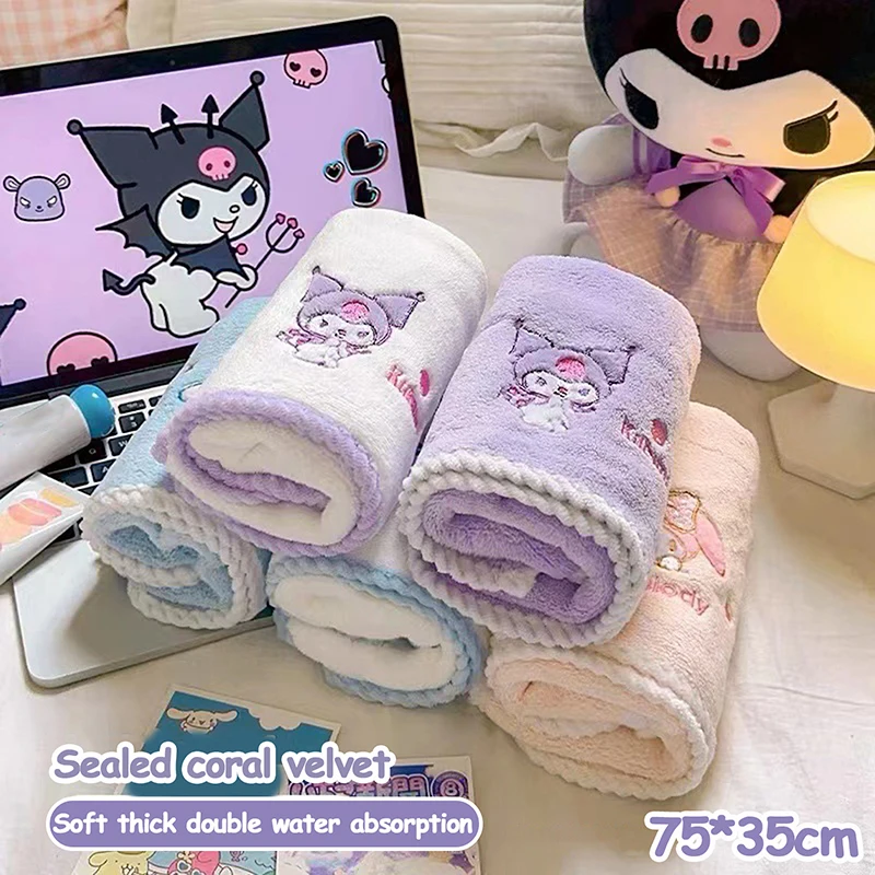 75*35cm Kawaii Sanrio Kuromi Coral Fleece Towel Anime My Melody Pochacco Cinnamoroll Absorbent Thicken Face Towel