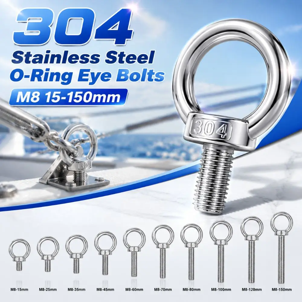 304 Stainless Steel Eye Bolts Heavy-Duty M8 15-150mm O-Ring Extended Bolts Rust Prevention Hand-twisting Lifting Bolts Eyelets