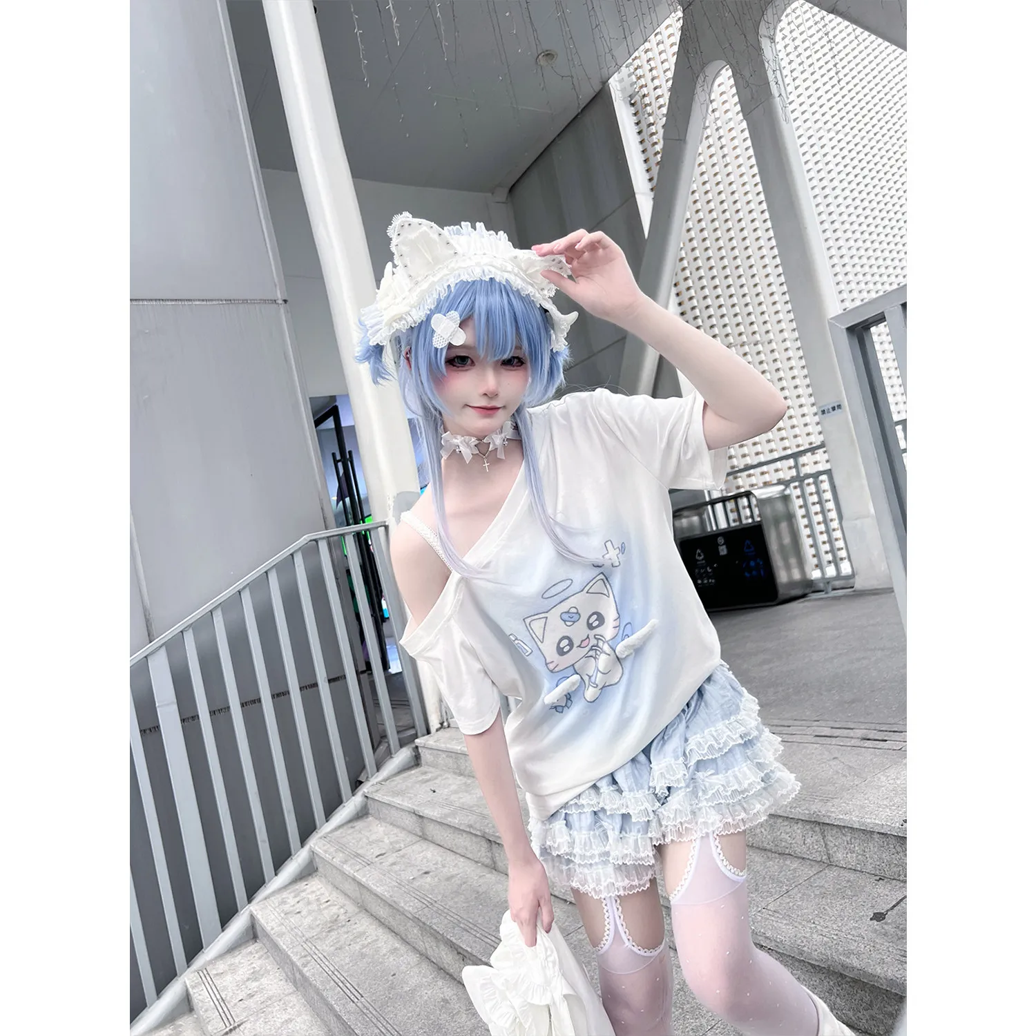 Kawaii Off-Shoulder T-Shirt Cute Angel Cat Print Short Sleeve Top with 3D Wings Light Blue Medical Lace-trimmed T-shirt Top