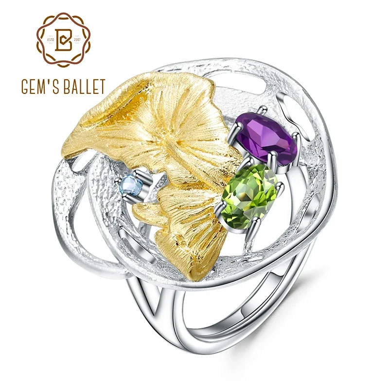 GEM'S BALLET Colorful Natural Peridot Amethyst Rings 925 Sterling Silver Monstera Leaves Handmade Ring For Women Fine Jewelry