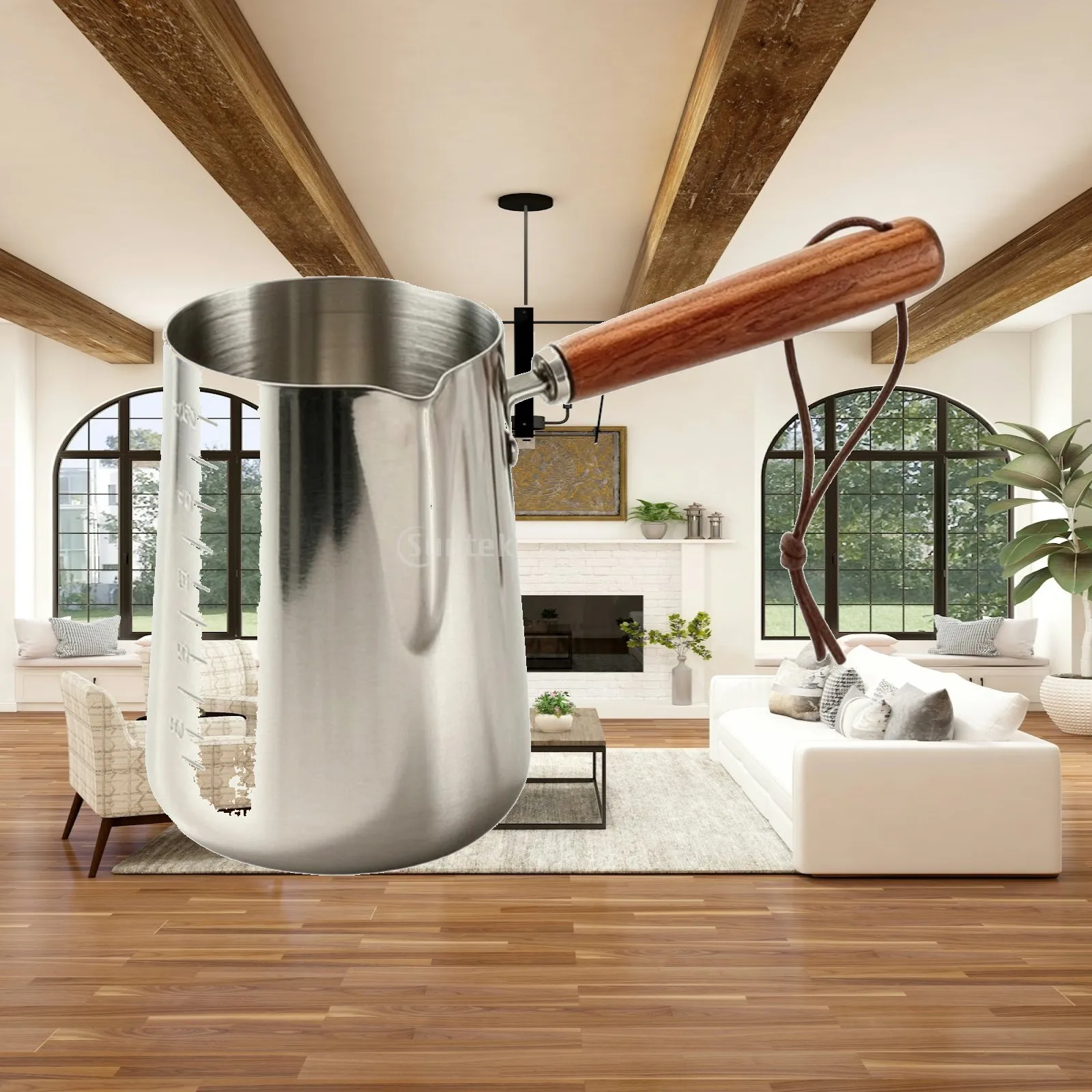 Stainless Steel Steaming Pitcher with Open Top and Wooden Handle for Creative Coffee