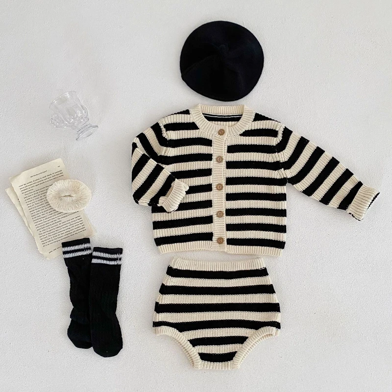 

Autumn New Baby Set Unisex Casual Baby Round Neck Striped Cotton Knitted Sweetheart+Cardigan Coat Two Piece Set