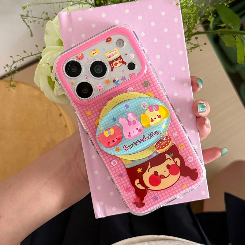 Korean Cute Girl Animal Plaid Pattern Magnetic Phone Case For iPhone 17 Pro 16 15 Pro Max Cover with Magsafe Stand Holder Cases view 5