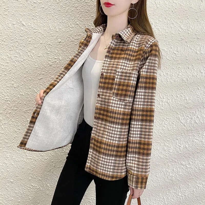 

2022 New Autumn Winter Plaid Shirt Women's Shirts Long Sleeve Single-breasted Velvet Thick Warm Women Blouse Jackets Female Tops