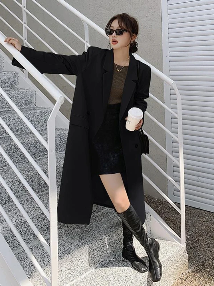 LANMREM Long Trench Coat For Women 2024 Spring New Solid Color Notched Double Breasted Fashion Windbreaker Streetwear 2R6701